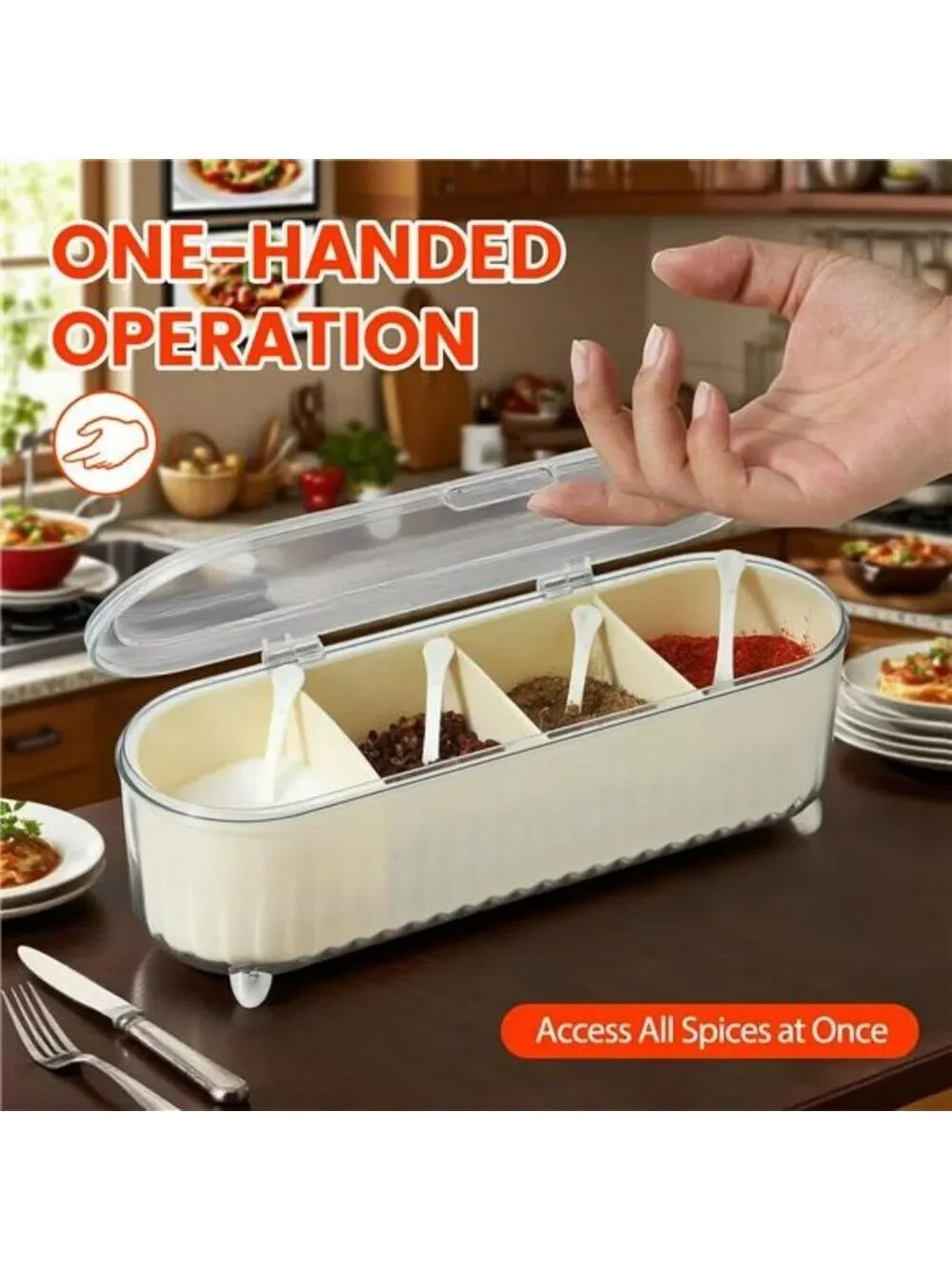Clear spice organizer box with 4 compartments lids and spoons kitchen storage se